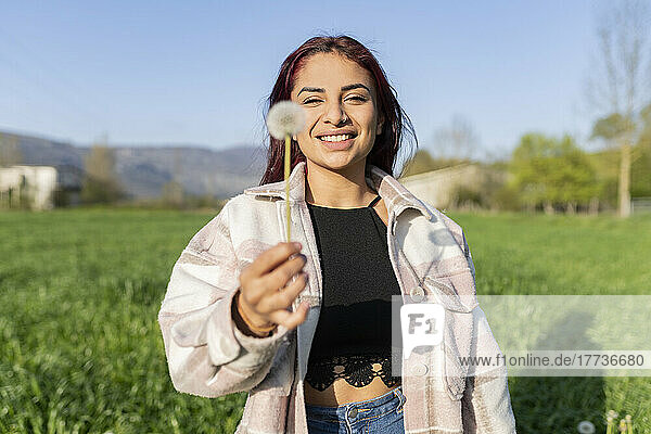 Happy woman standing with dandelion on sunny day
