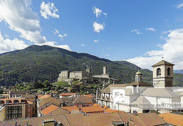 Switzerland  Ticino  Bellinzona  View of historic town situated at foot of Alps