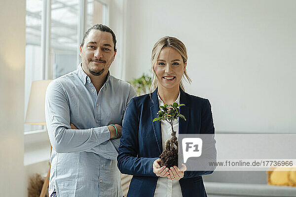 Lächelnde Geschäftsfrau  die Pflanze von einem Kollegen im Büro hält