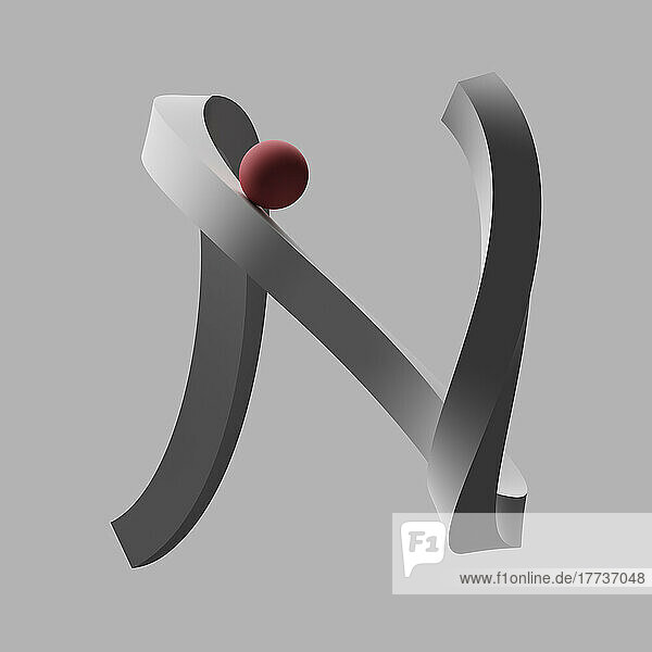 Three dimensional render of red sphere balancing on letter N