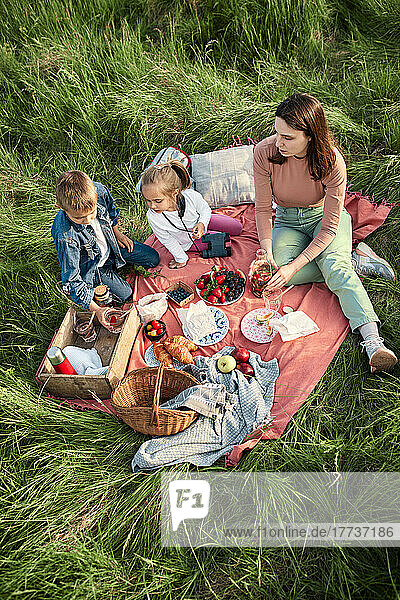 Mother and children having food in field on weekend