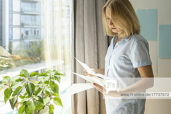 Blond freelancer reading document standing by window in home office