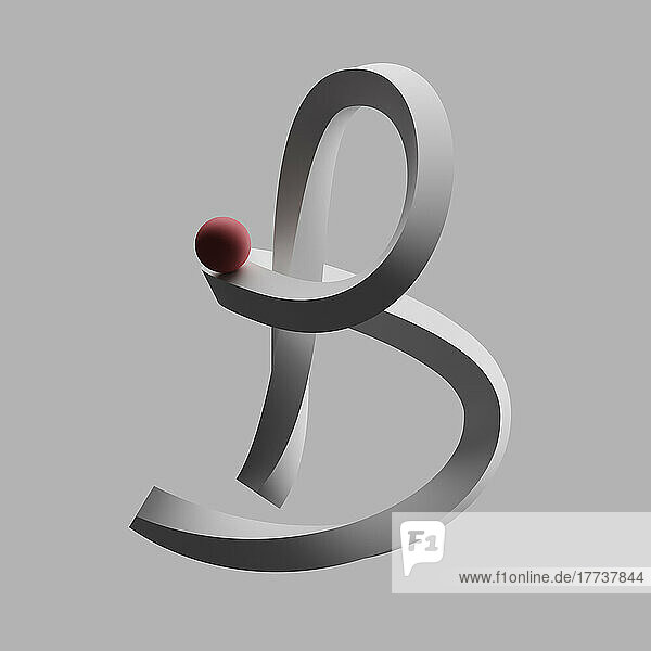 Three dimensional render of red sphere balancing on letter B