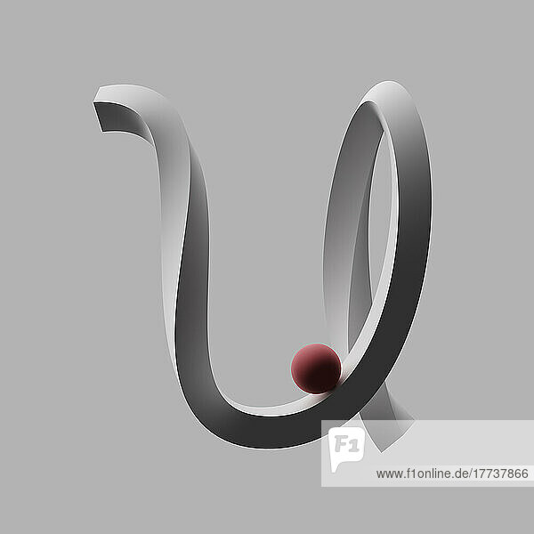 Three dimensional render of red sphere balancing on letter U