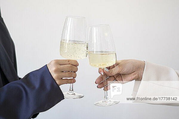 Hands of women toasting wineglasses in front of white wall
