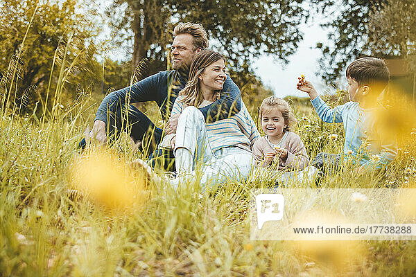 Smiling parents with daughter and son in meadow at weekend