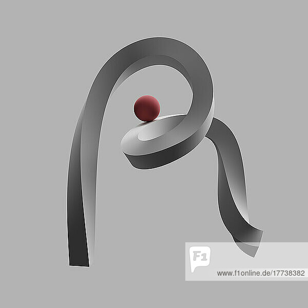 Three dimensional render of red sphere balancing on letter R