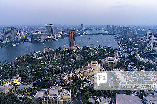 Egypt  Cairo  Elevated view of Gezira district with river Nile  Garden City  and El Manial in the background
