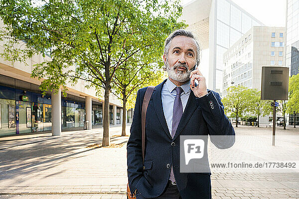 Smiling businessman with beard talking on smart phone