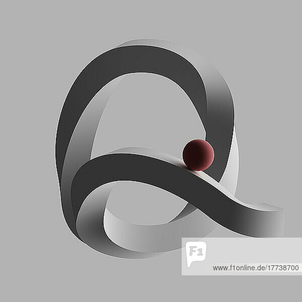 Three dimensional render of red sphere balancing on letter Q