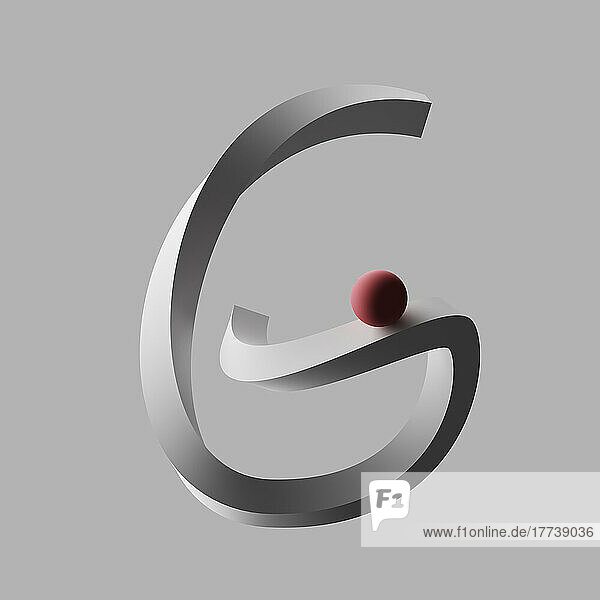 Three dimensional render of red sphere balancing on letter G