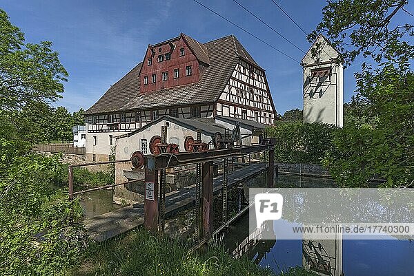 Mühlwehr an einer Kunstmühle an der Schwabach  Uttenreuth  Mittelfranken  Bayern  Deutschland  Europa