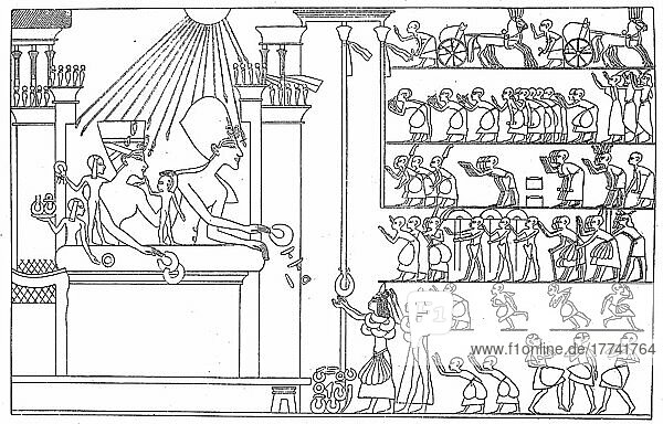 Amenhotep IV  Chuenaten  surrounded by his family  awarding the gold from the balcony of his palace  ca 1340 BC Egypt  Historic  digitally restored reproduction of a 19th century original  exact original date unknown