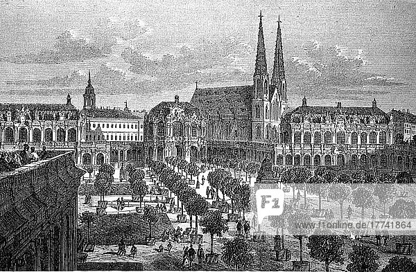 The Zwinger and St. Sophia's Church in Dresden  c. 1870  Saxony  Germany  digitally restored reproduction of an original 19th century painting  exact original date not known  Europe