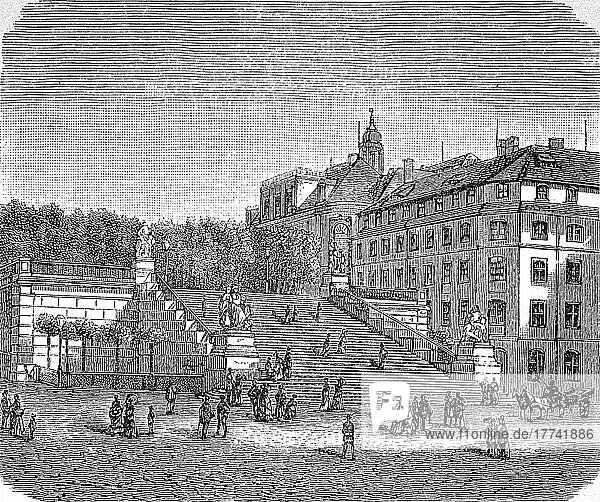 Die Freitreppe der Brühlschen Terrasse in Dresden  im Jahre 1870  Sachsen  Deutschland  digital restaurierte Reproduktion einer Originalvorlage aus dem 19. Jahrhundert  genaues Originaldatum nicht bekannt  Europa