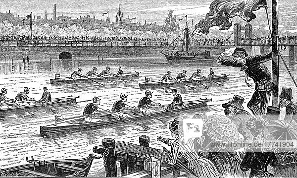 Wettrudern auf der Themse  Ruderregatta  um 1860  London  digital restaurierte Reproduktion einer Originalvorlage aus dem 19. Jahrhundert  genaues Originaldatum nicht bekannt