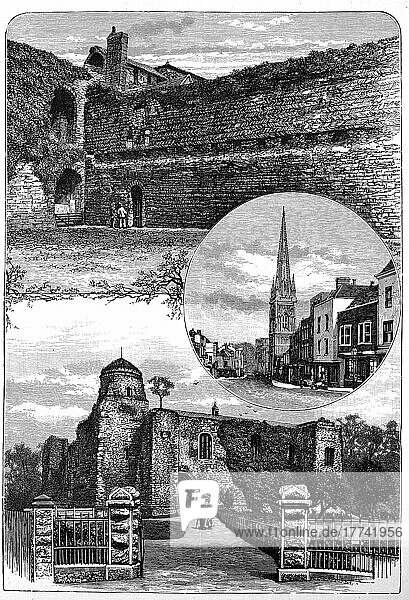 Das alte Schloss von Colchester und die Nikolauskirche  um 1860  England  digital restaurierte Reproduktion einer Originalvorlage aus dem 19. Jahrhundert  genaues Originaldatum nicht bekannt