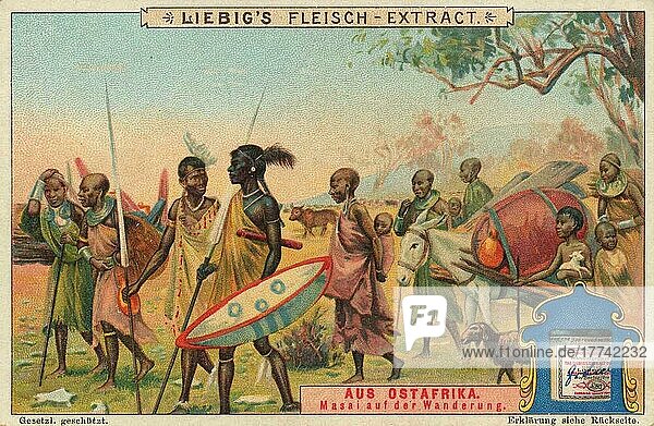 Picture series from East Africa  Maasai on the move  digitally restored reproduction of a collective picture from c. 1900  in the public domain  exact date unknown