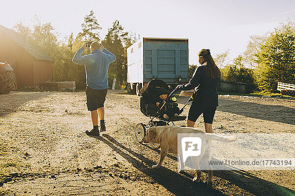 Eltern mit männlichem Kleinkind gehen an einem sonnigen Tag mit Hund spazieren