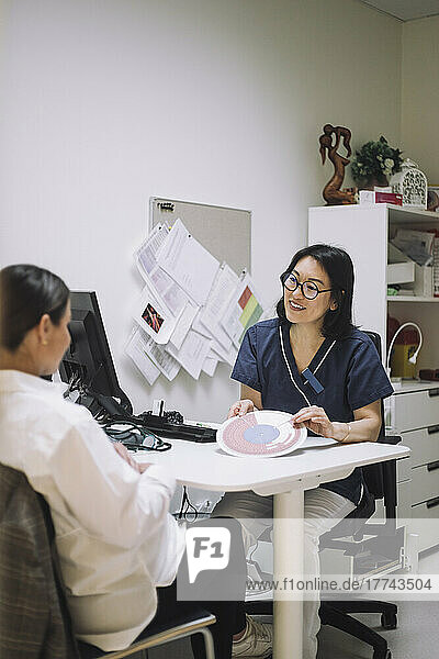 Smiling female doctor showing in vitro fertilization chart while discussing with patient in office at hospital