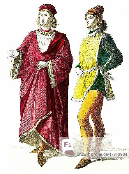 Münchener Bilderbogen  Kostüme  Erste Hälfte 15. Jahrhundert  Zwei Florentiner Adelige  Florenz  Männer  Mode  Roben  elegant  Porträt  historische Illustration 1890