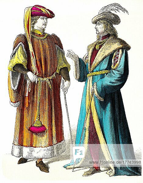 Münchener Bilderbogen  Kostüme  15. Jahrhundert  Zwei Französische Edelleute  Männer  Frankreich  Mode  lange Roben  elegant  Porträt  historische Illustration 1890  Europa