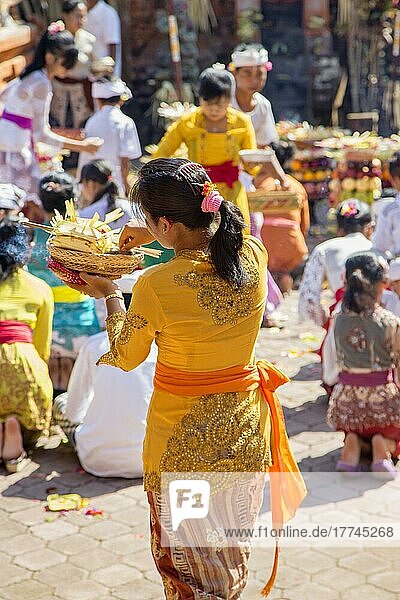 Balinesische Frau  die während des Galungan Opfergaben in einen Tempel bringt  Kesiman  Bali  Indonesien  Asien