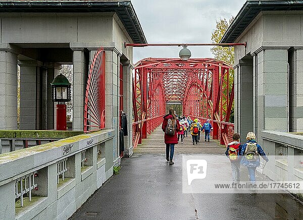 A school class on the red steel bridge  also called the Six Bridge  in Tegel  Berlin  Germany  Europe