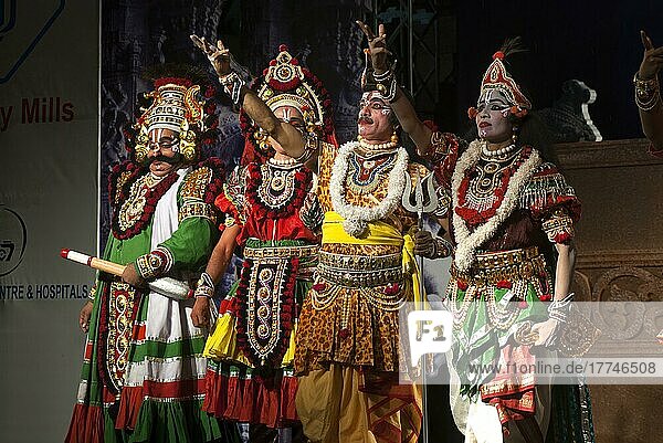 Yakshagana  Mahishamardini epic  traditional folk dance by Sri Chandrasekara Navada troupe near Mangalore in Coastal Karnataka  India  Asia
