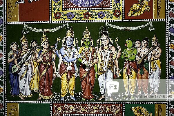 Goddess Menakshi wedding  murals on a shiva temple ceiling near Pudukkottai  Tamil Nadu  India  Asia