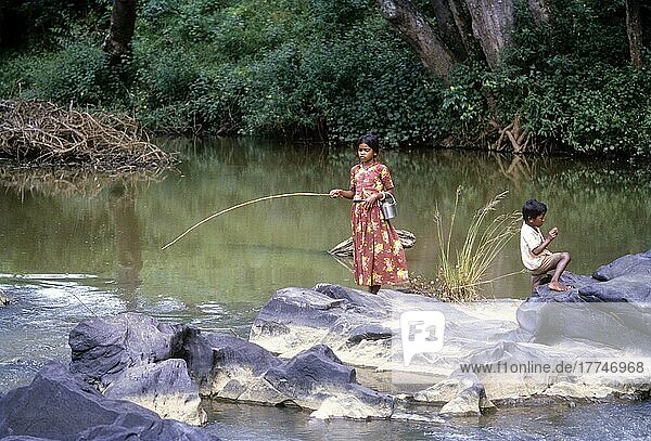 A tribal girl angling in Moyar river  Mudumalai  Tamil Nadu  India  Asia