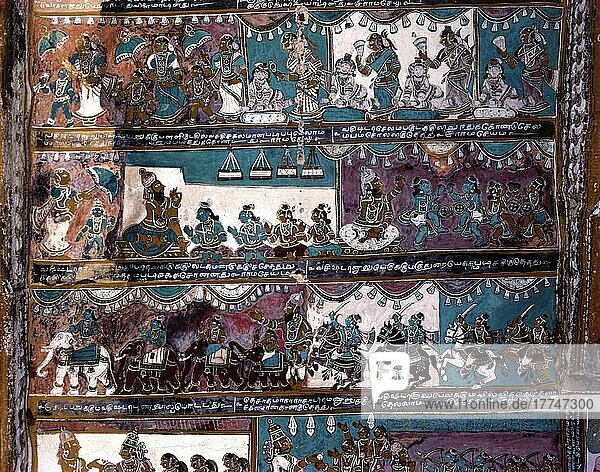 17th century Ramayana murals in Vasanta Mantapa ceiling in Alagarkovil or Alagar Koyil Vishnu temple near Madurai  Tamil Nadu  India  Asia