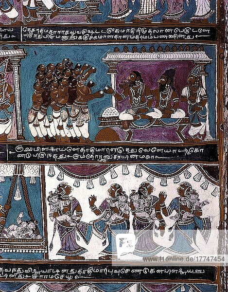 17th century Ramayana murals in Vasanta Mantapa ceiling in Alagarkovil or Alagar Koyil Vishnu temple near Madurai  Tamil Nadu  India  Asia