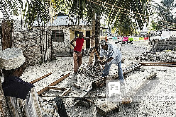 Männer bauen eine Hütte  behauen Palmstämme mit Axt  im Dorf Jambiani  Unguja  Ostküste  Sansibar  Tansania  Afrika