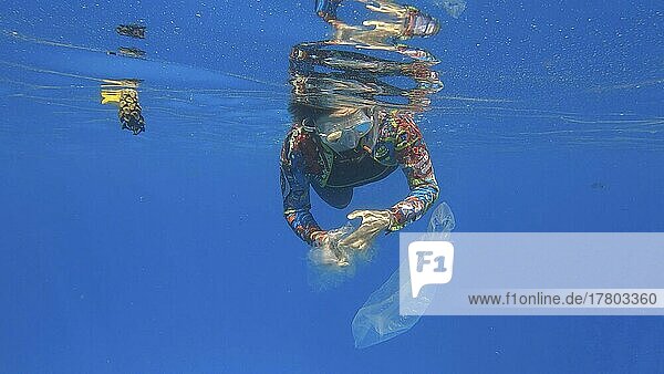 Frau sammelt Plastikmüll unter Wasser und säubert eine schmutzige  weggeworfene Plastiktüte  Flaschen  Becher und anderen Plastikmüll  der im Meer schwimmt. Schnorchler fängt Plastikmüll aus dem Wasser auf. Rotes Meer  Ägypten  Afrika
