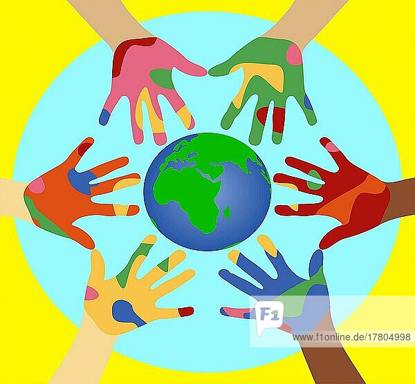 Konzept der kulturellen Vielfalt  Weltrassentag  farbige Hände mit dem Planeten Erde in der Mitte. Mateares  Nicaragua  Mittelamerika