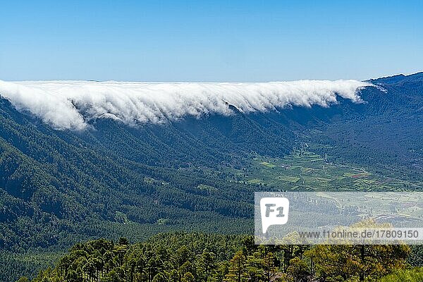Trade wind clouds streaming over the mountains of Cumbre Nueva  La Palma Island  Canary Islands  Spain  Europe