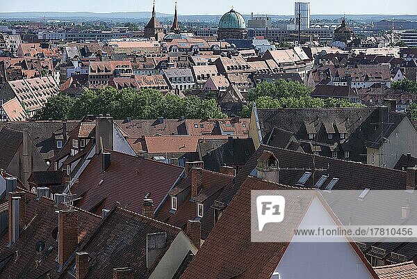 View of the old town roofs and St. Elisabeth's Church  Nuremberg  Middle Franconia  Bavaria  Germany  Europe