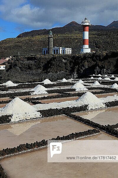 Crystal pools and salt mountains in the Fuencaliente salt flats at Punta de Fuencaliente  lighthouses at the southern tip of the island  La Palma  Canary Island  Spain  Europe