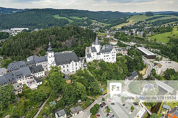 Aerial of St. -Georgen-Kirche and Palace  Unesco site Ore mountains  town of Schwarzenberg  Saxony  Germany  Europe