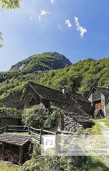 Old-fashioned Swiss stone houses on mountain