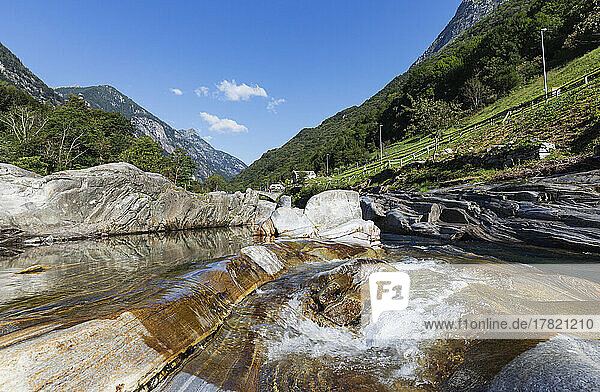 Switzerland  Ticino  Lavertezzo  Verzasca river flowing through Valle Verzasca in summer