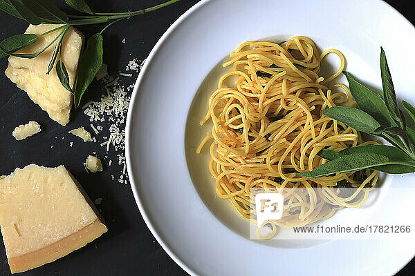 Plate of pasta with sage and Parmesan
