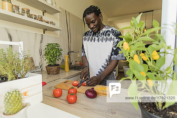 Junger Mann schneidet Tomaten in der Küche