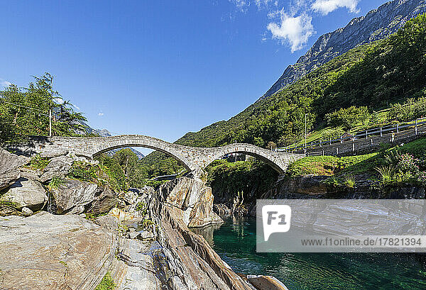 Switzerland  Ticino  Lavertezzo  Medieval Ponte dei Salti arch bridge in summer