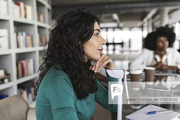 Businesswoman with wind turbine model sitting at desk