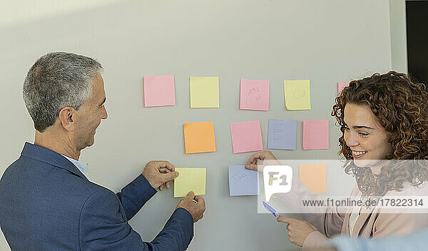 Smiling business colleagues sticking adhesive notes on wall at office