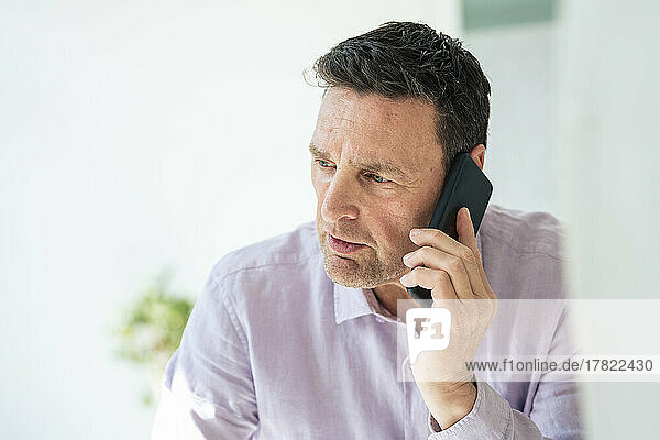Mature businessman talking on smart phone at office