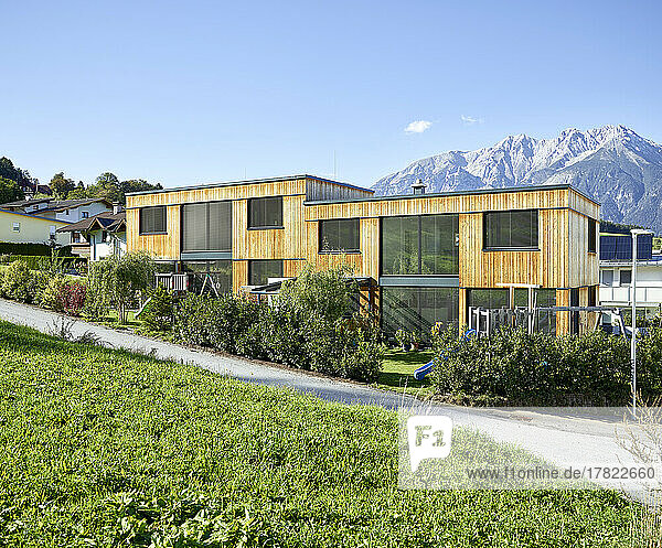 Austria  Tyrol  Facade of modern semi-detached house in mountains