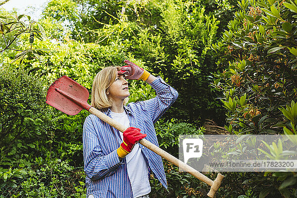 Frau schirmt Augen ab und trägt Schaufel in der Nähe von Pflanzen im Garten
